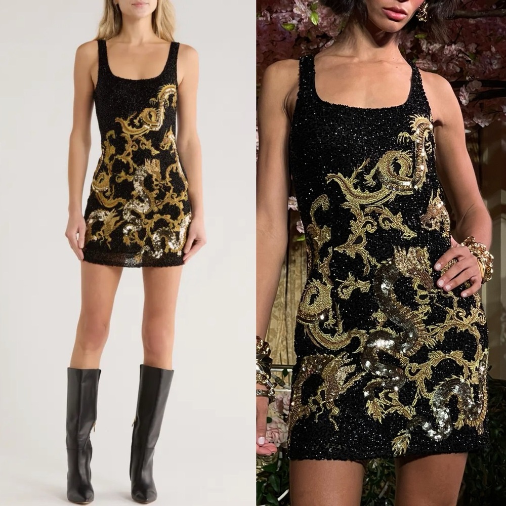 Brand New- L'Agence Inori Beaded Dragon Mini Dress in Black/ Gold 🖤✨